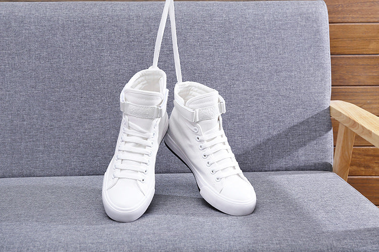 Sapatos de lona de cano alto coreano casual all-match fivela de salto plano branco estudante tendência esportes