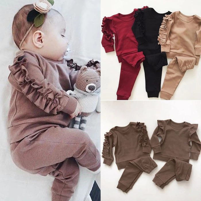 Bebê recém-nascido meninos meninas babados jumper sólido manga longa moletom topos calças infantis crianças 2 pçs roupas conjunto outono