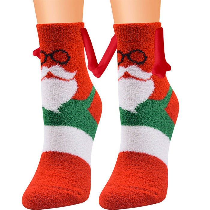 Fournitures de Noël Aspiration magnétique main dans la main Couple chaussettes corail polaire Tube chaussettes chaud pantoufle lit chaussettes hiver doux chaud pantoufle