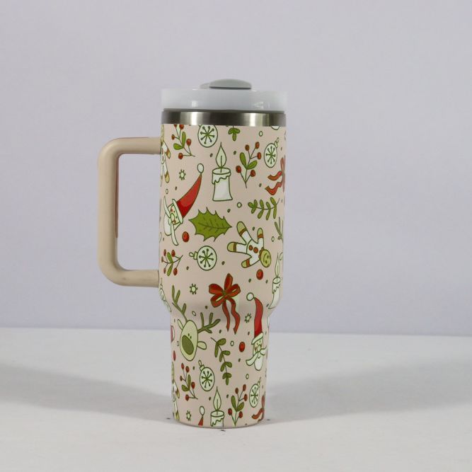 Nueva taza de diseño navideño con tapa con asa, vaso de vacío de acero inoxidable con pajita, taza de café de viaje para coche de gran capacidad