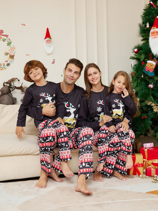 Traje de ropa de hogar para padres e hijos con cuello redondo y estampado de letras de alce de dibujos animados navideños